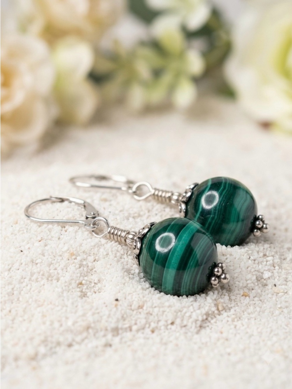 Artisan Genuine Malachite Leverback Earrings Sterling Silver Hand Cut NWT - Picture 3 of 11